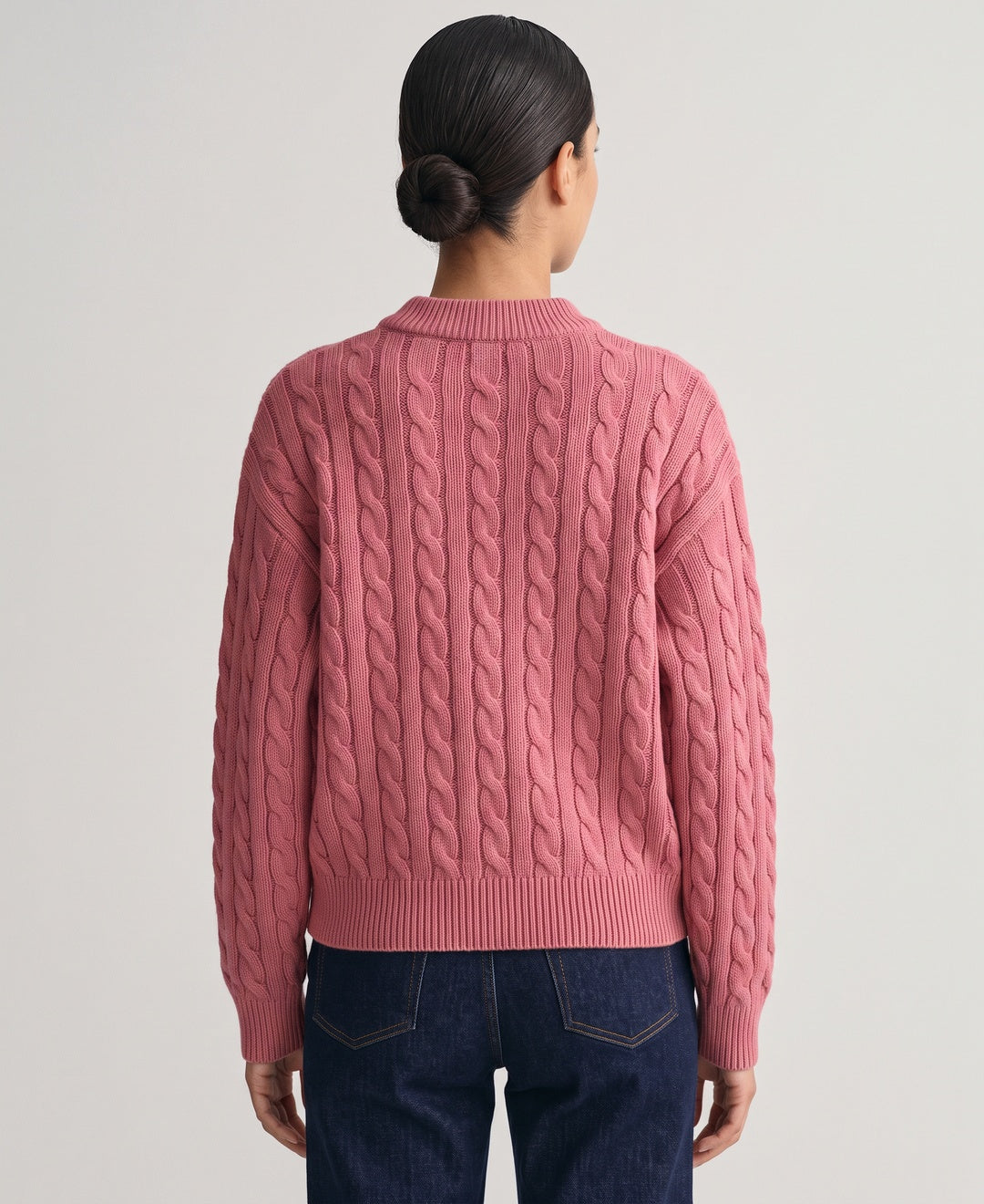 Cecile Quarter-Zip Cable Jumper in Pink, back view