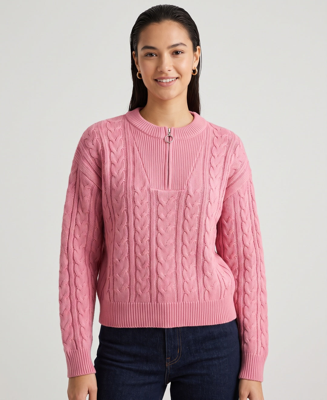 Cecile Quarter-Zip Cable Jumper in Pink, front view