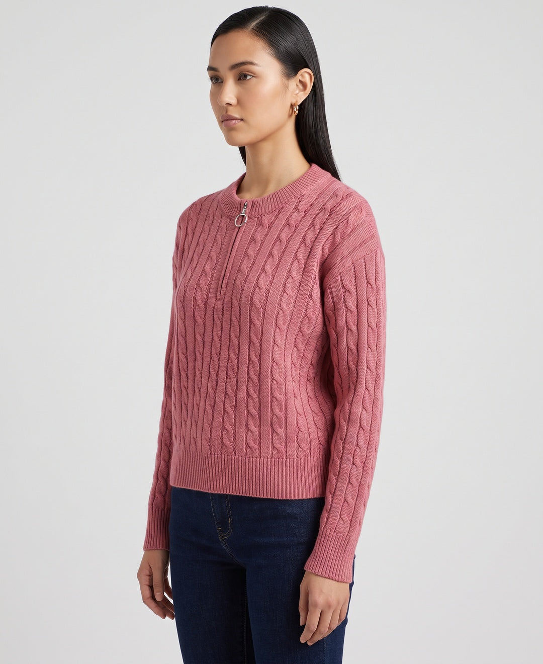 Cecile Quarter-Zip Cable Jumper in Pink, side view