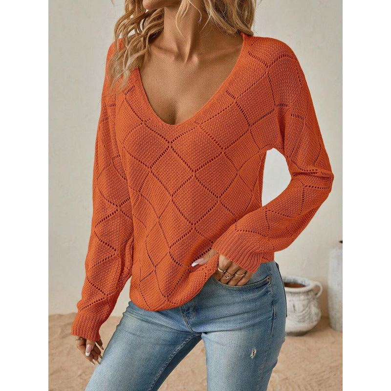 Stephanie Pointelle Diamond V Neck Jumper in Rust Orange