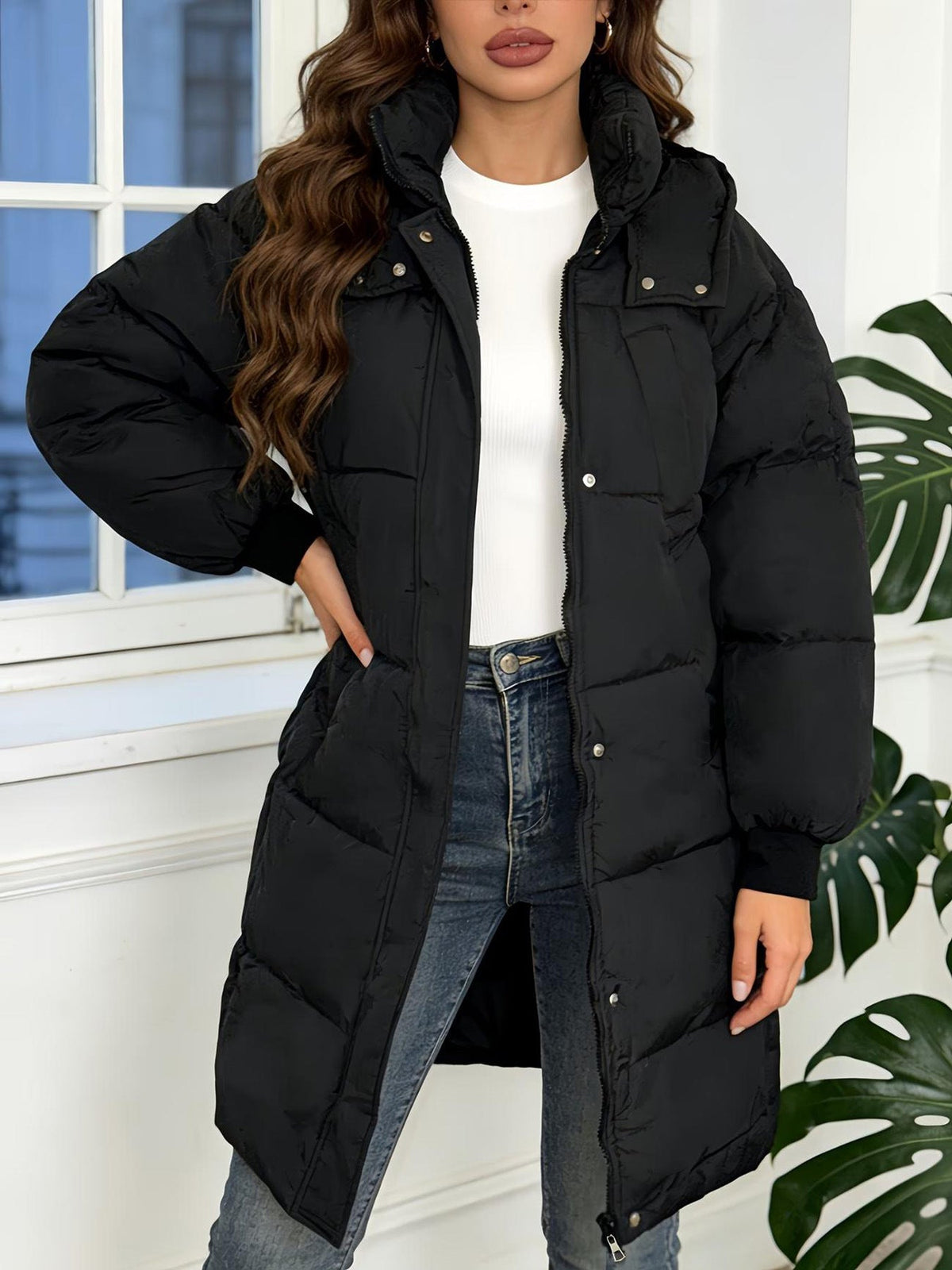 Janet Long Hooded Padded Coat in Black