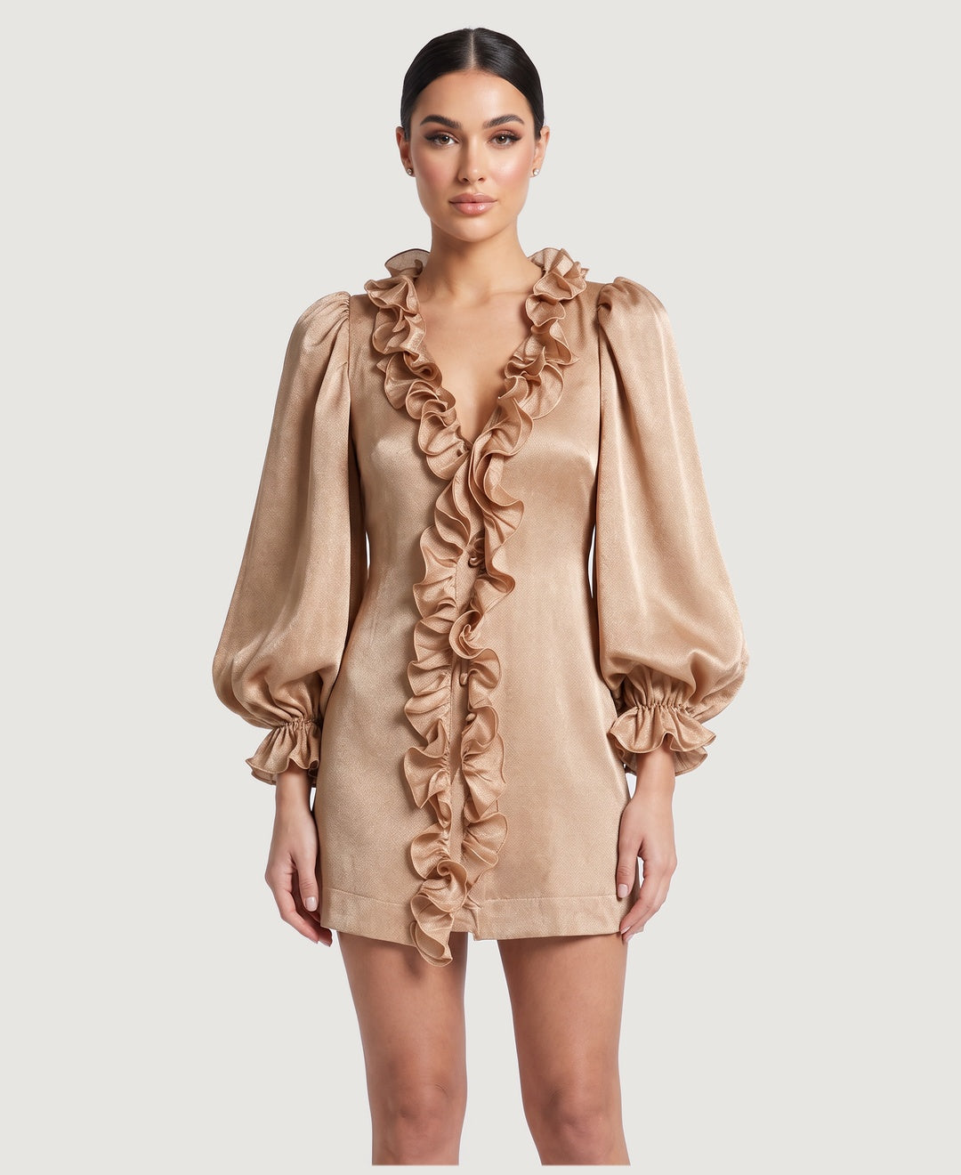 Women's satin ruffle front mini dress with puff sleeves in champagne, front view
