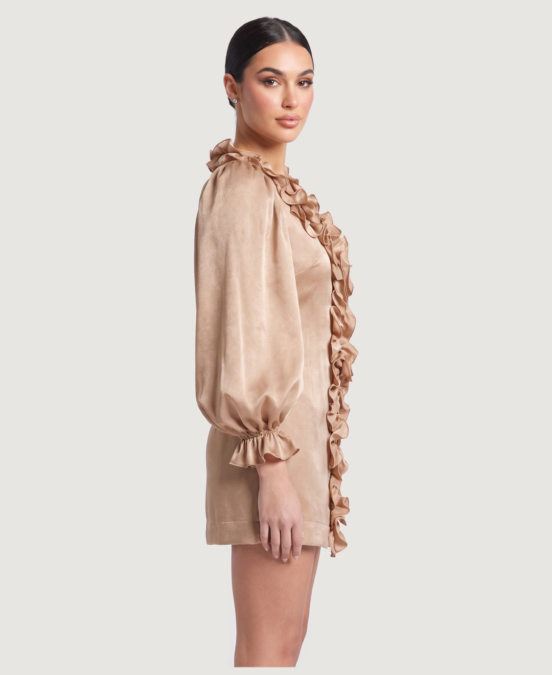 Women's satin ruffle front mini dress with puff sleeves in champagne, side view