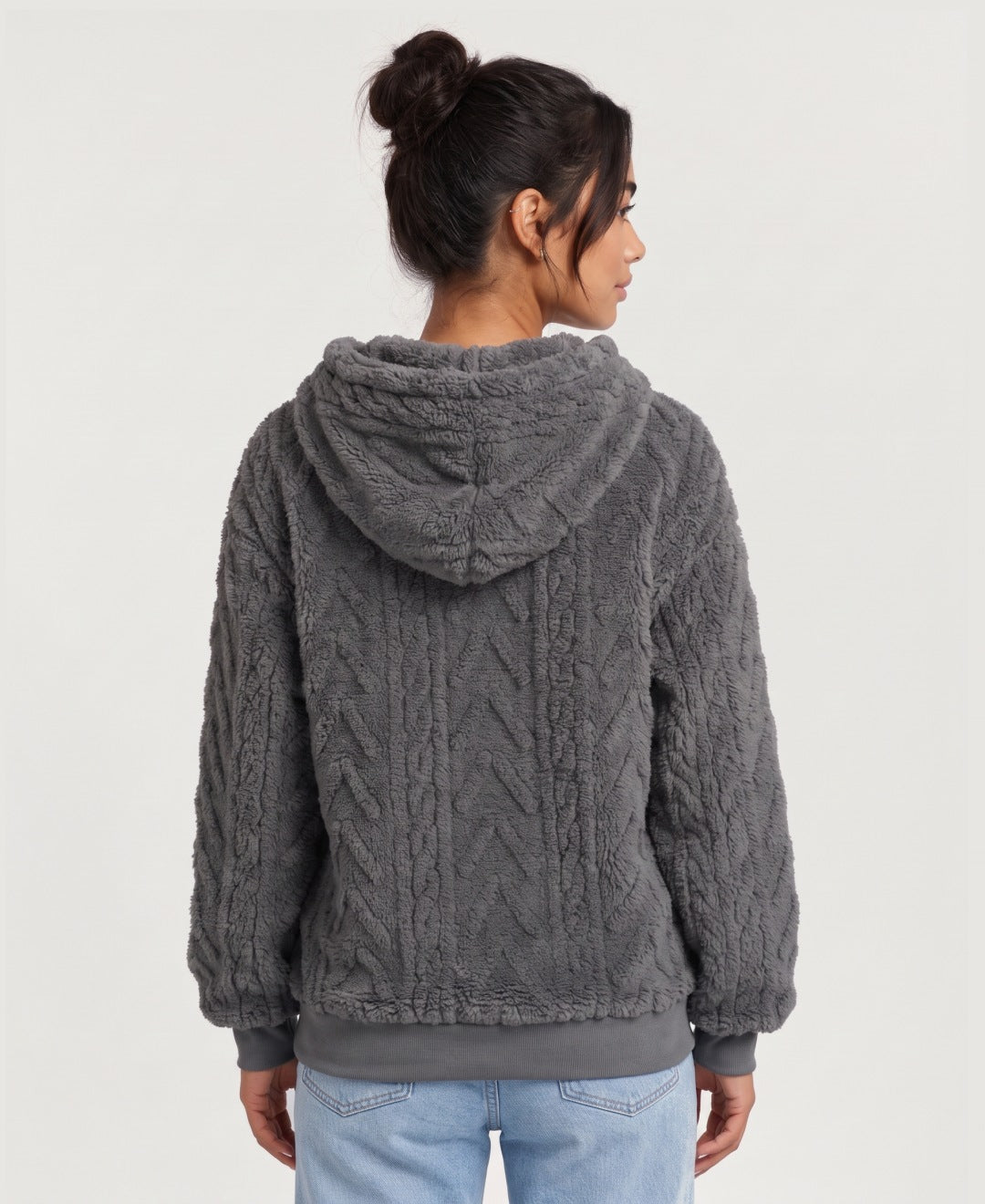 Women's teddy fleece cable pattern hoodie in charcoal, back view