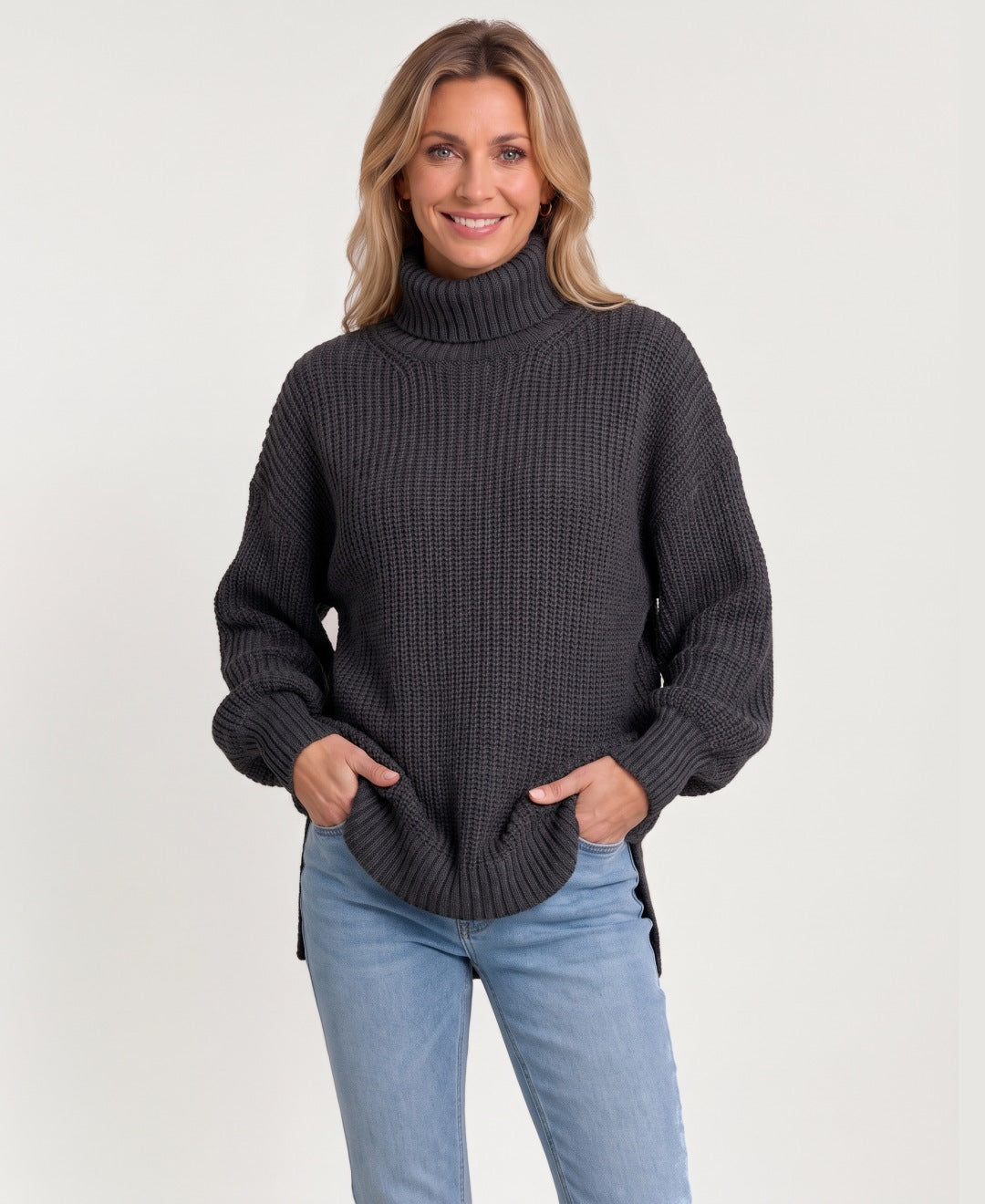 Women's chunky rib knit roll neck jumper charcoal front view