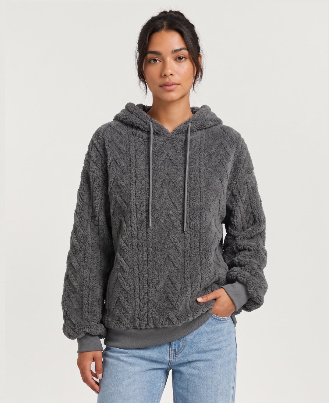 Women's teddy fleece cable pattern hoodie in charcoal, front view