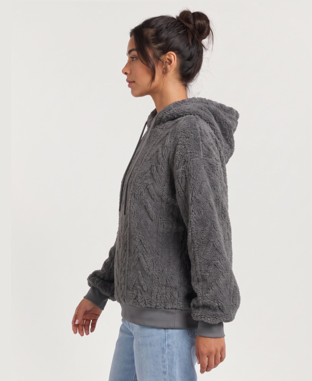 Women's teddy fleece cable pattern hoodie in charcoal, side view