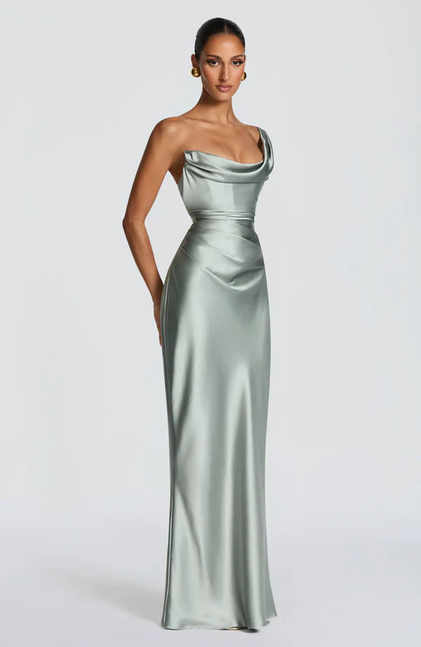 Eurydice draped cowl satin maxi dress
