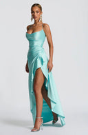 Épiphanie satin ruffle slit maxi dress