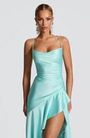 Épiphanie satin ruffle slit maxi dress