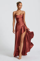Épiphanie satin ruffle slit maxi dress