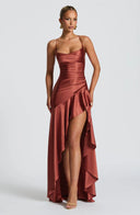 Épiphanie satin ruffle slit maxi dress