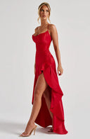 Épiphanie satin ruffle slit maxi dress