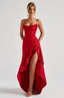 Épiphanie satin ruffle slit maxi dress