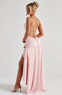 Épiphanie satin ruffle slit maxi dress