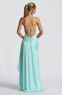 Épiphanie satin ruffle slit maxi dress