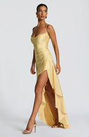 Épiphanie satin ruffle slit maxi dress