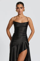 Épiphanie satin ruffle slit maxi dress