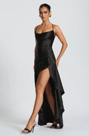 Épiphanie satin ruffle slit maxi dress