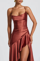 Épiphanie satin ruffle slit maxi dress