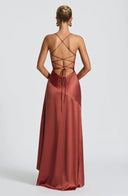 Épiphanie satin ruffle slit maxi dress