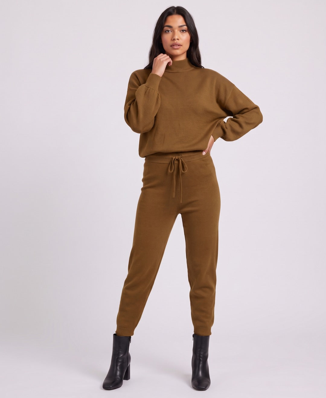Carys Mock Neck Set in Coffee, front view