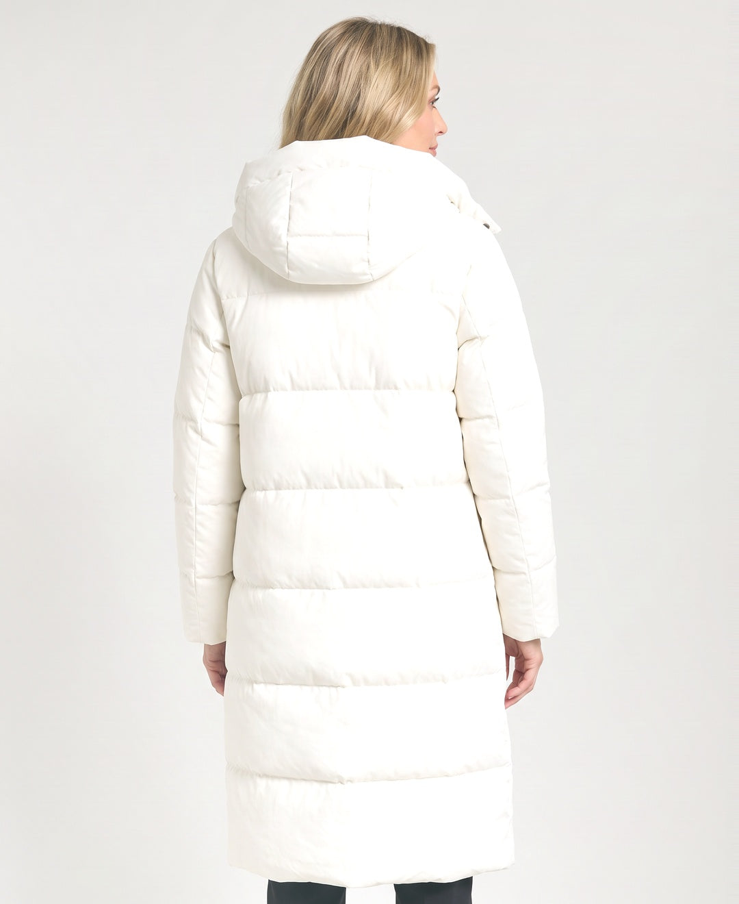Long Hooded Puffer Coat Horizontal Quilting Stand Collar cream back view