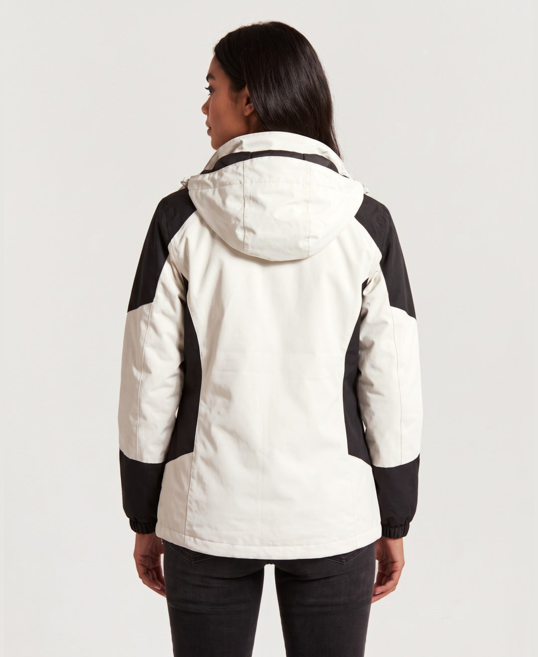 Women's 3-in-1 hooded outdoor jacket with fleece liner in cream, back view