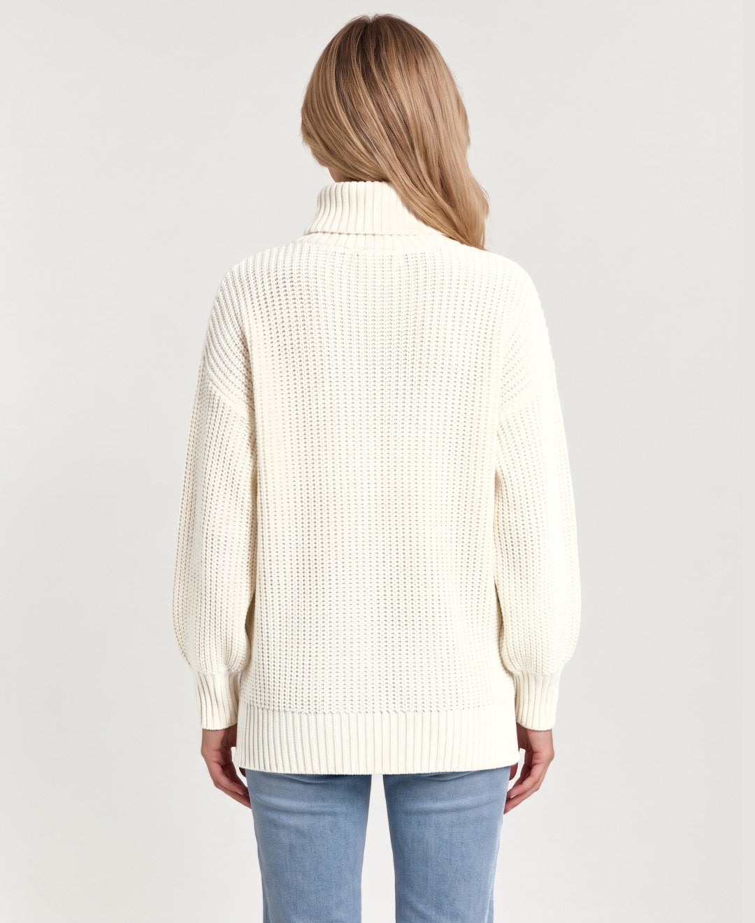 Women's chunky rib knit roll neck jumper cream back view