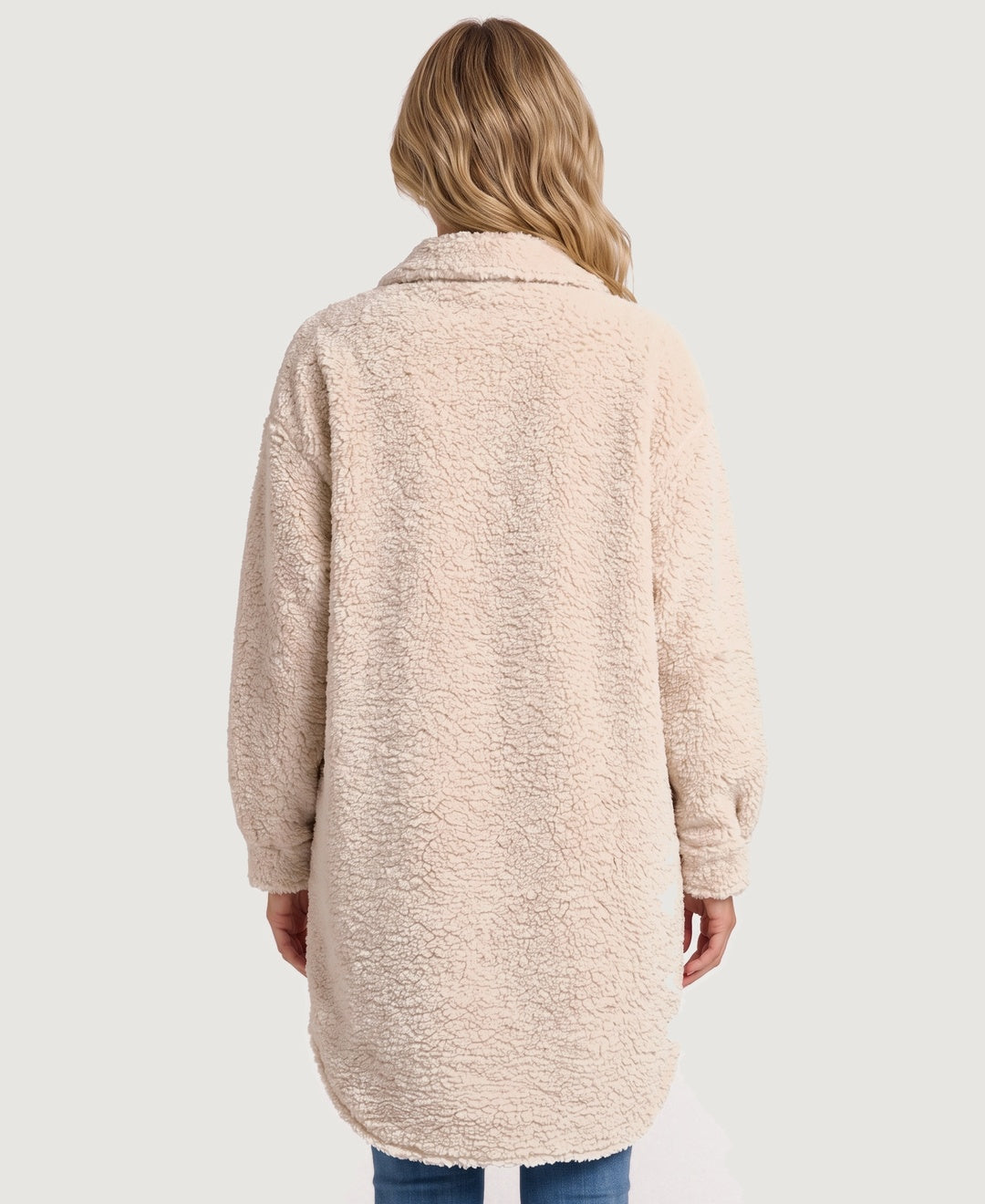 Long Teddy Fleece Shirt Coat Button Front cream back view