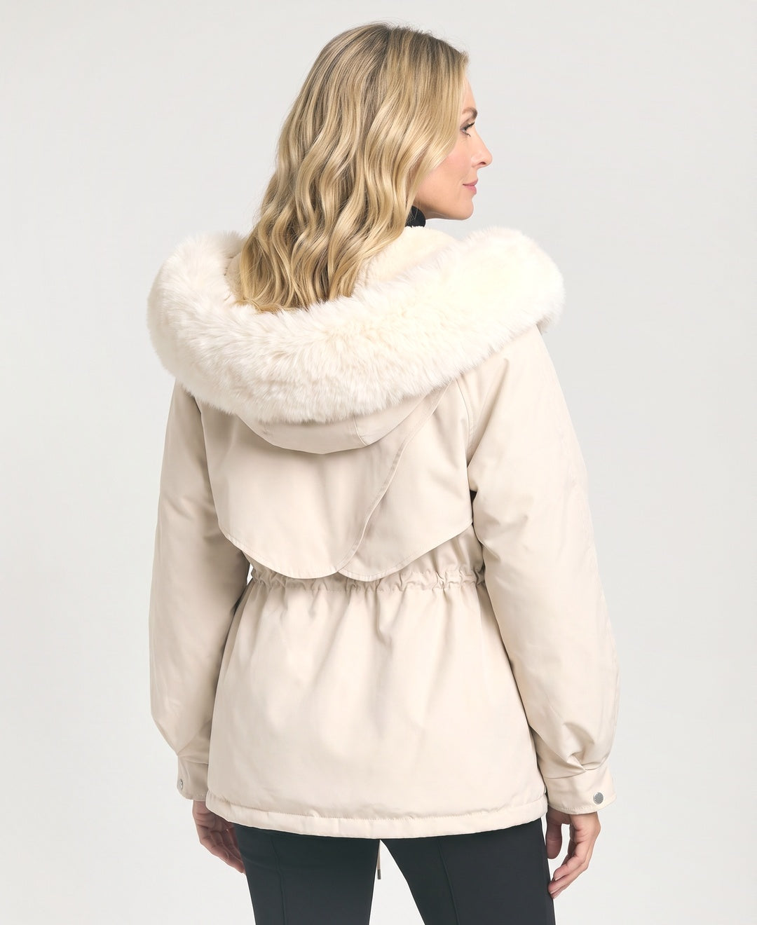 Short Hooded Parka Faux Fur Trim Drawstring Waist cream back view