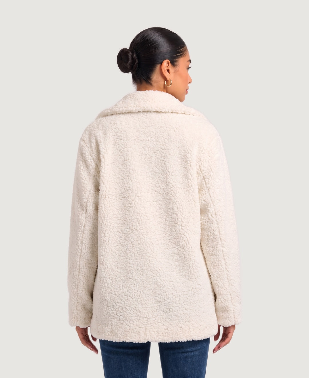 Teddy Double Breasted Coat with Leopard Lapels in cream, back view