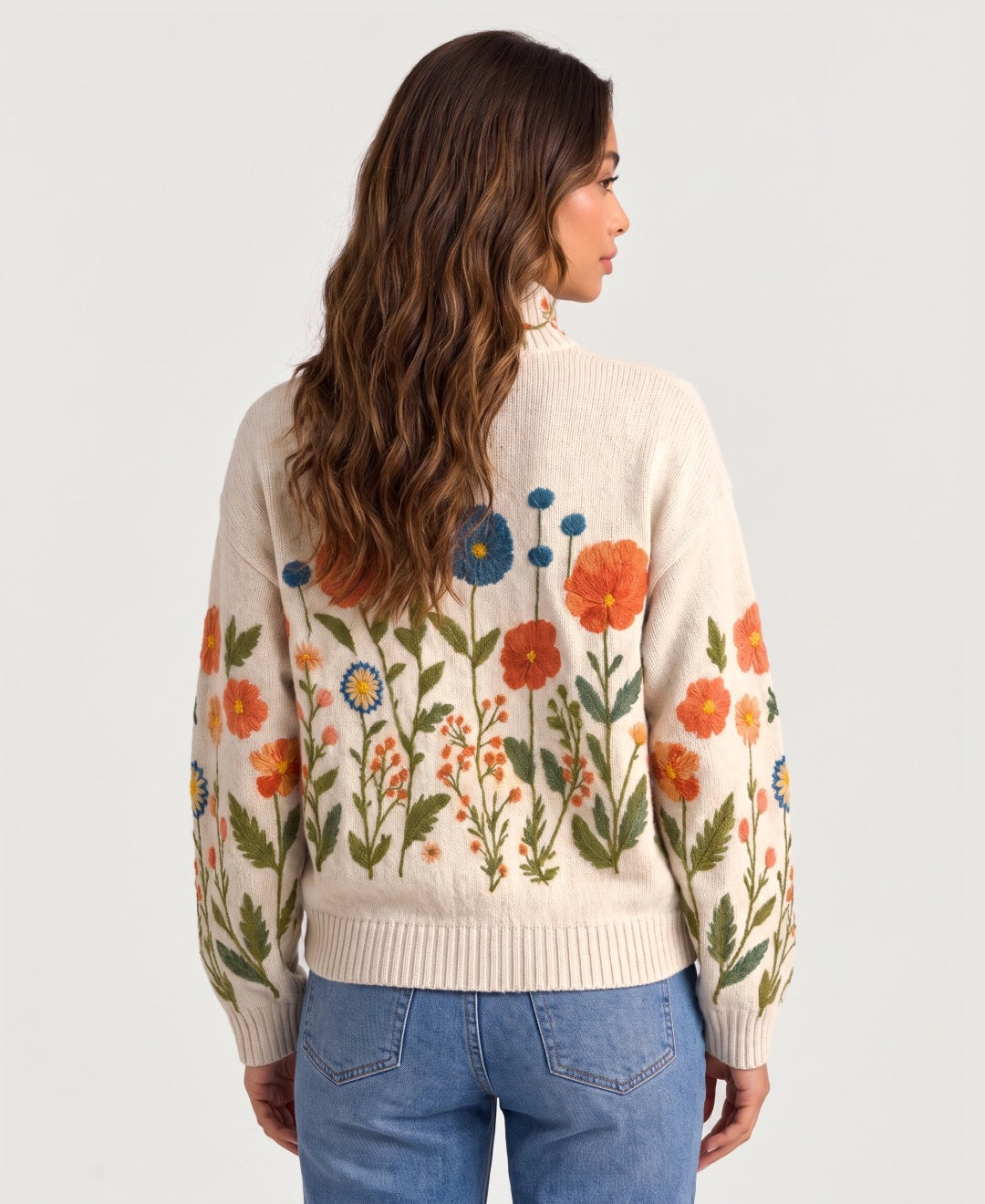 Women's embroidered floral zip up cardigan in cream, back view