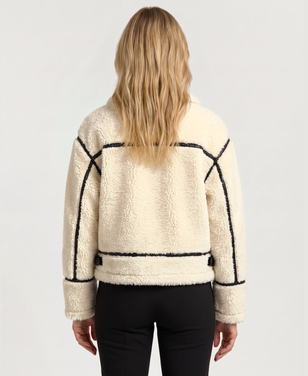 Women's cropped teddy aviator jacket cream back view