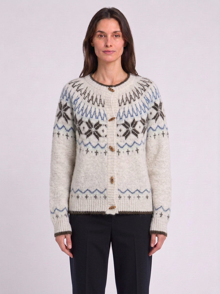 Snowflake Fair Isle Toggle Button Cardigan, cream Fair Isle snowflake cardigan, front view