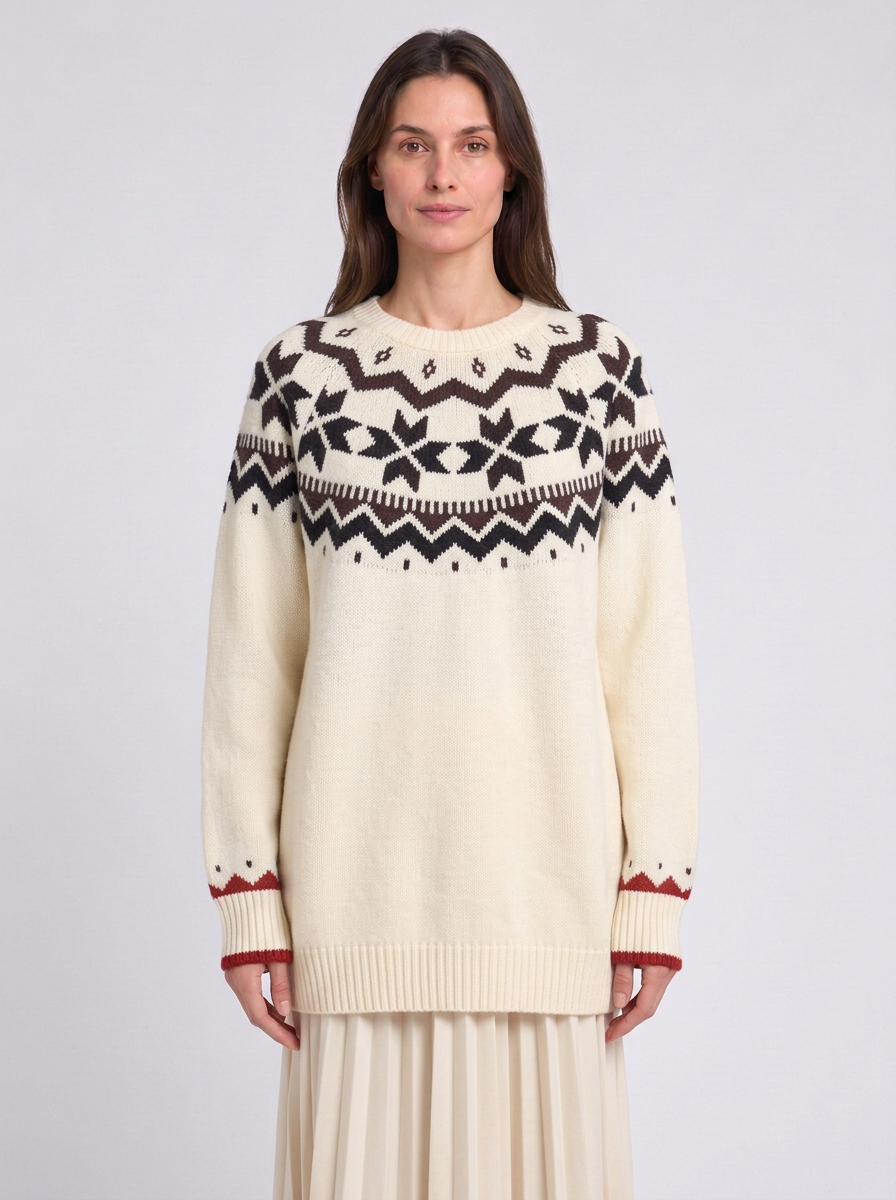 Fair Isle Yoke Crew Neck Relaxed Jumper, cream Fair Isle yoke jumper, front view