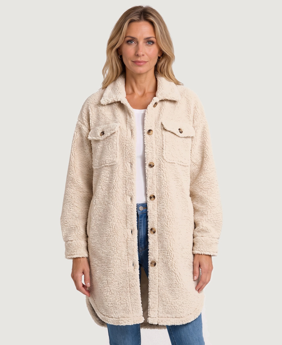 Long Teddy Fleece Shirt Coat Button Front cream front view