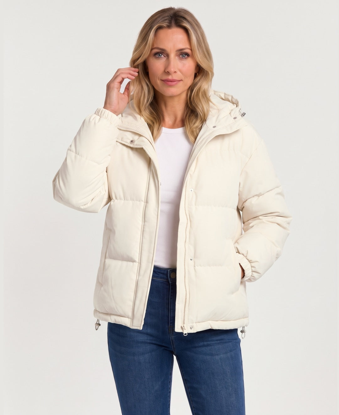 Women's short hooded puffer jacket cream front view