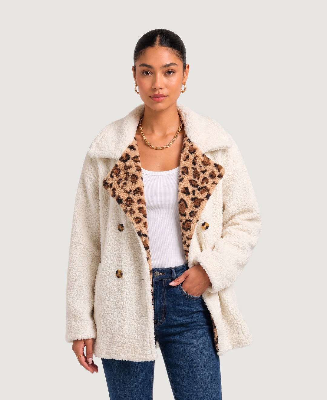 Teddy Double Breasted Coat with Leopard Lapels in cream, front view