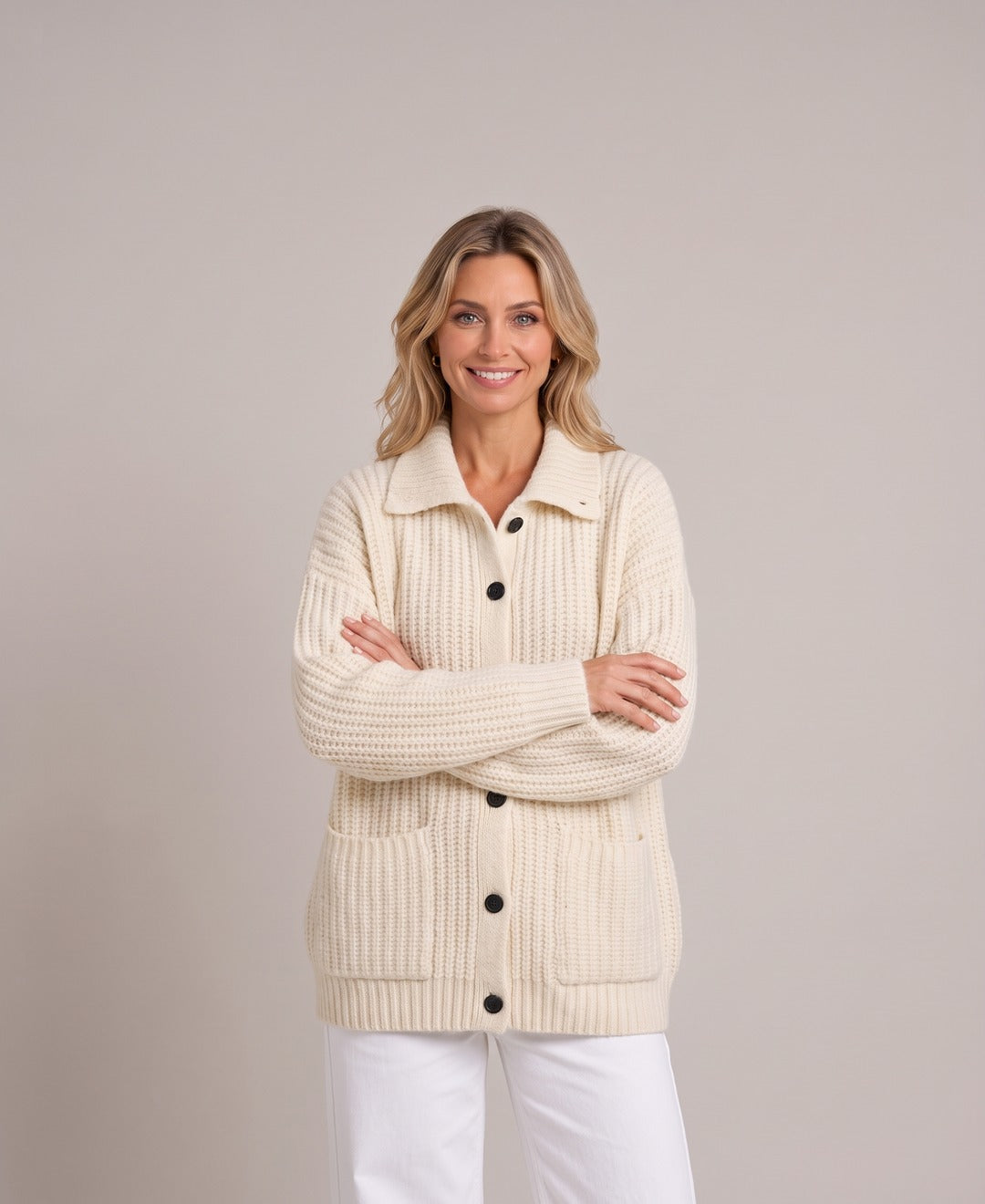 Women's Chunky Rib Knit Button Cardigan Funnel Collar Pockets in Cream, front view