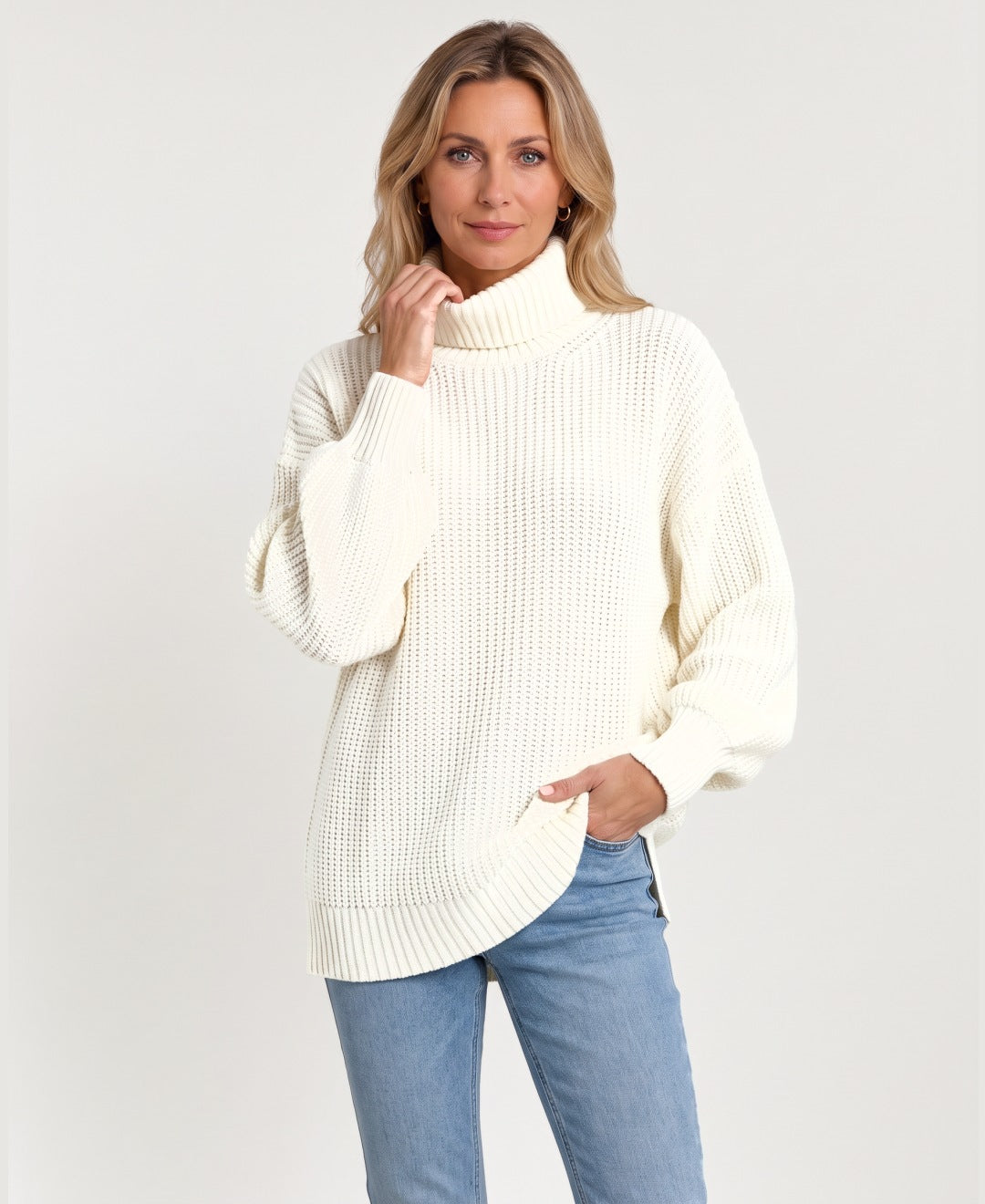 Women's chunky rib knit roll neck jumper cream front view