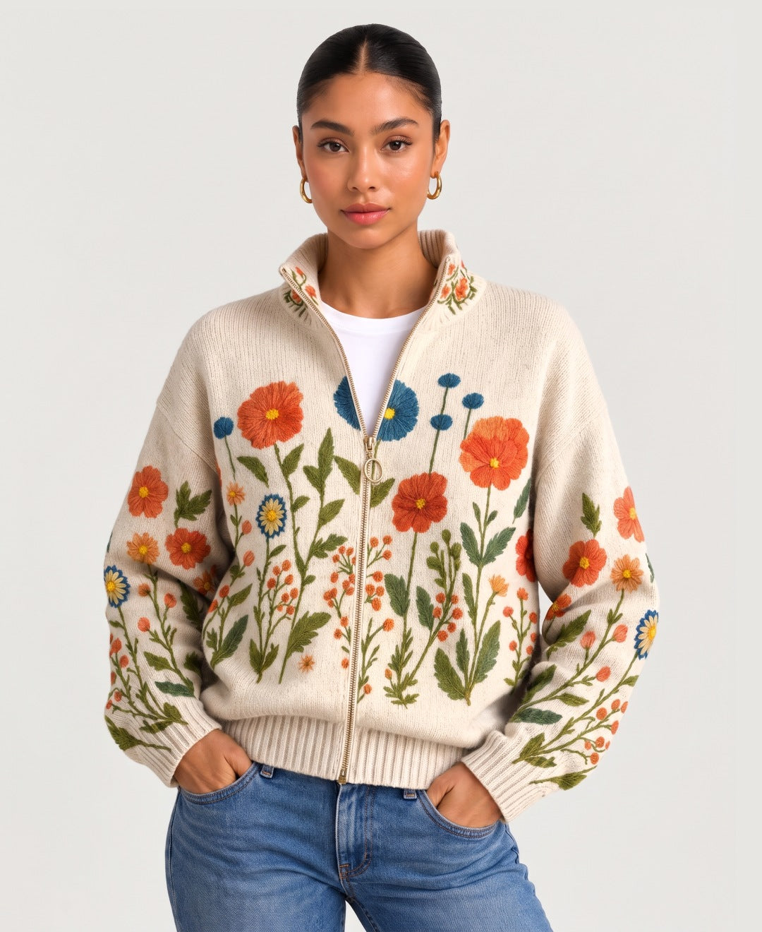 Women's embroidered floral zip up cardigan in cream, front view
