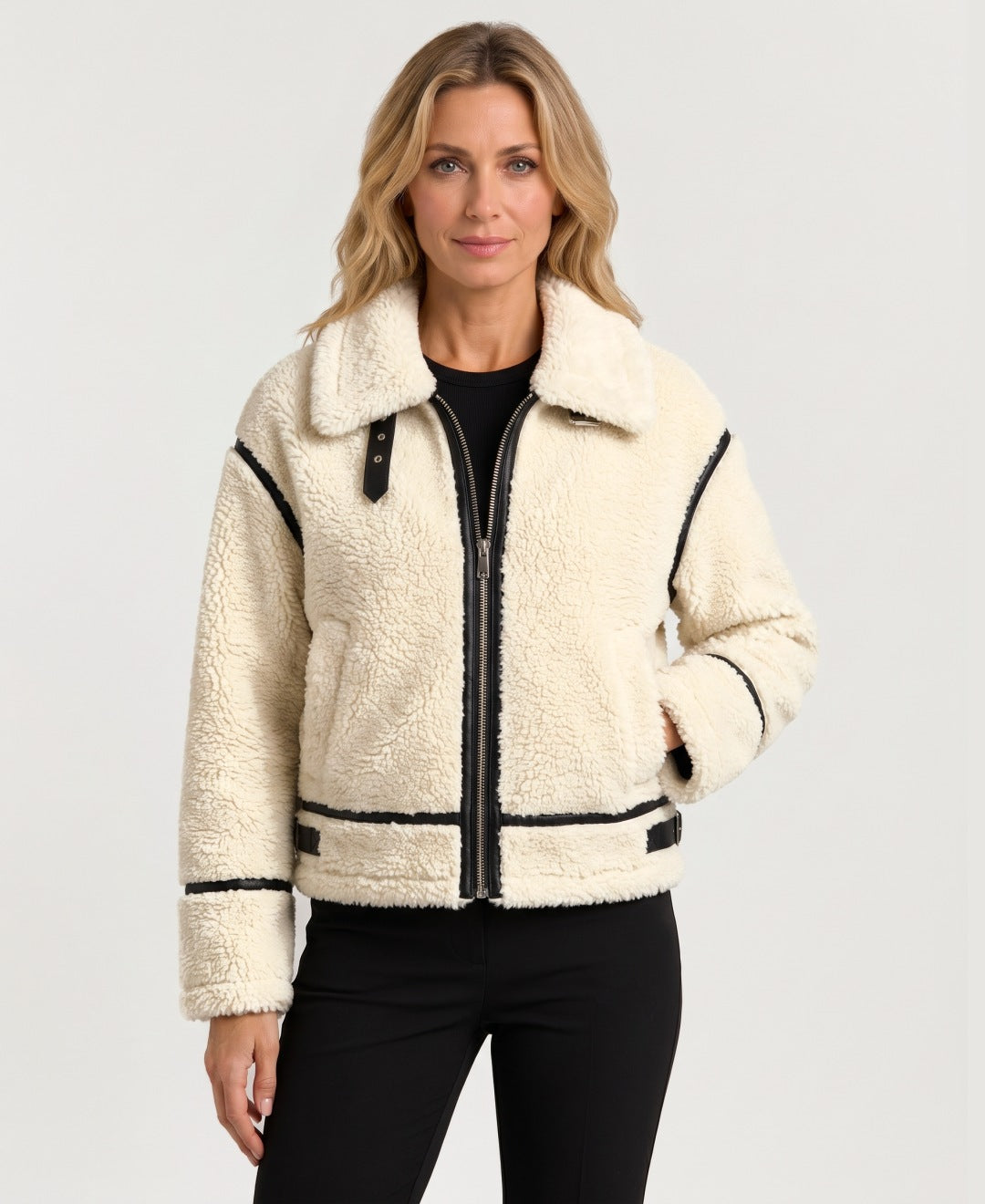 Women's cropped teddy aviator jacket cream front view