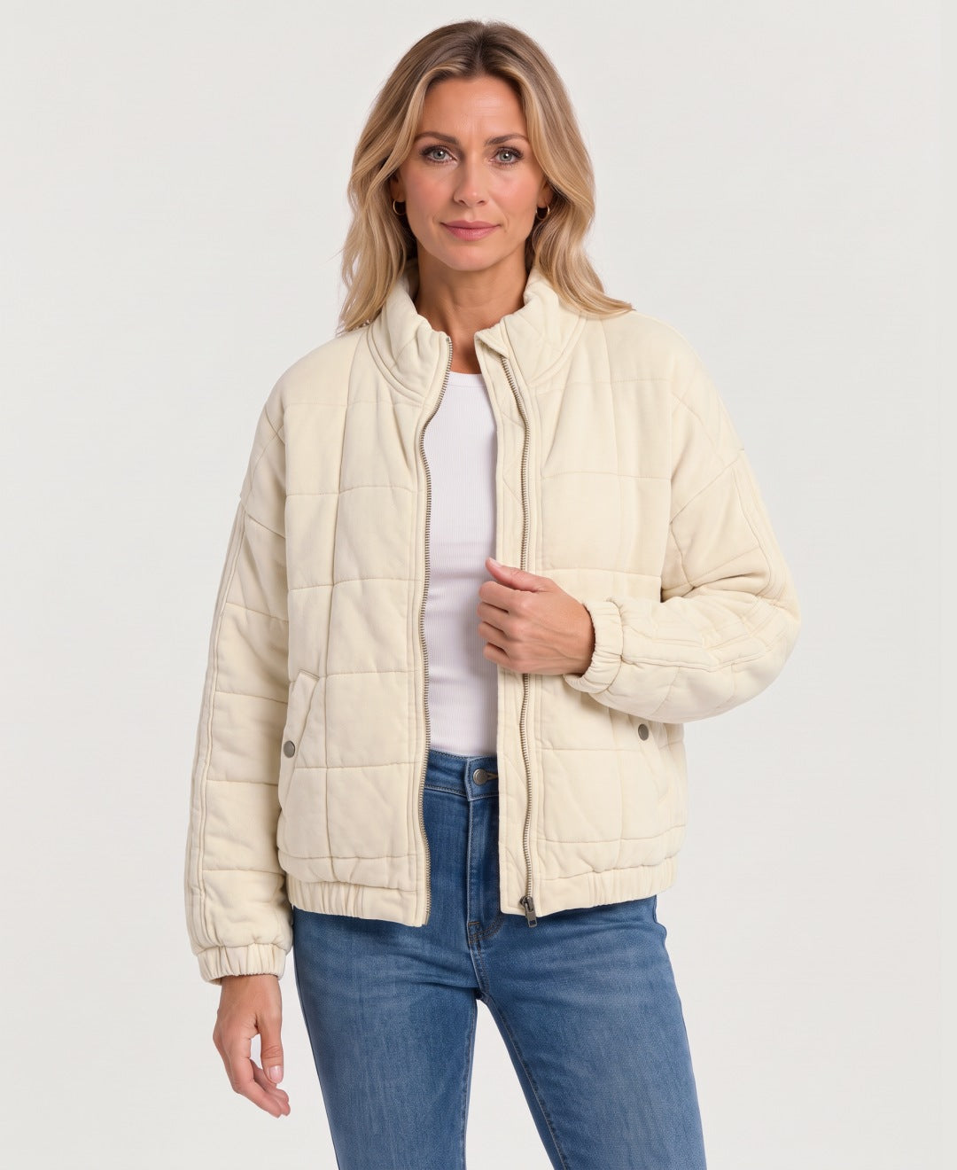 Women's quilted zip-up jacket cream front view