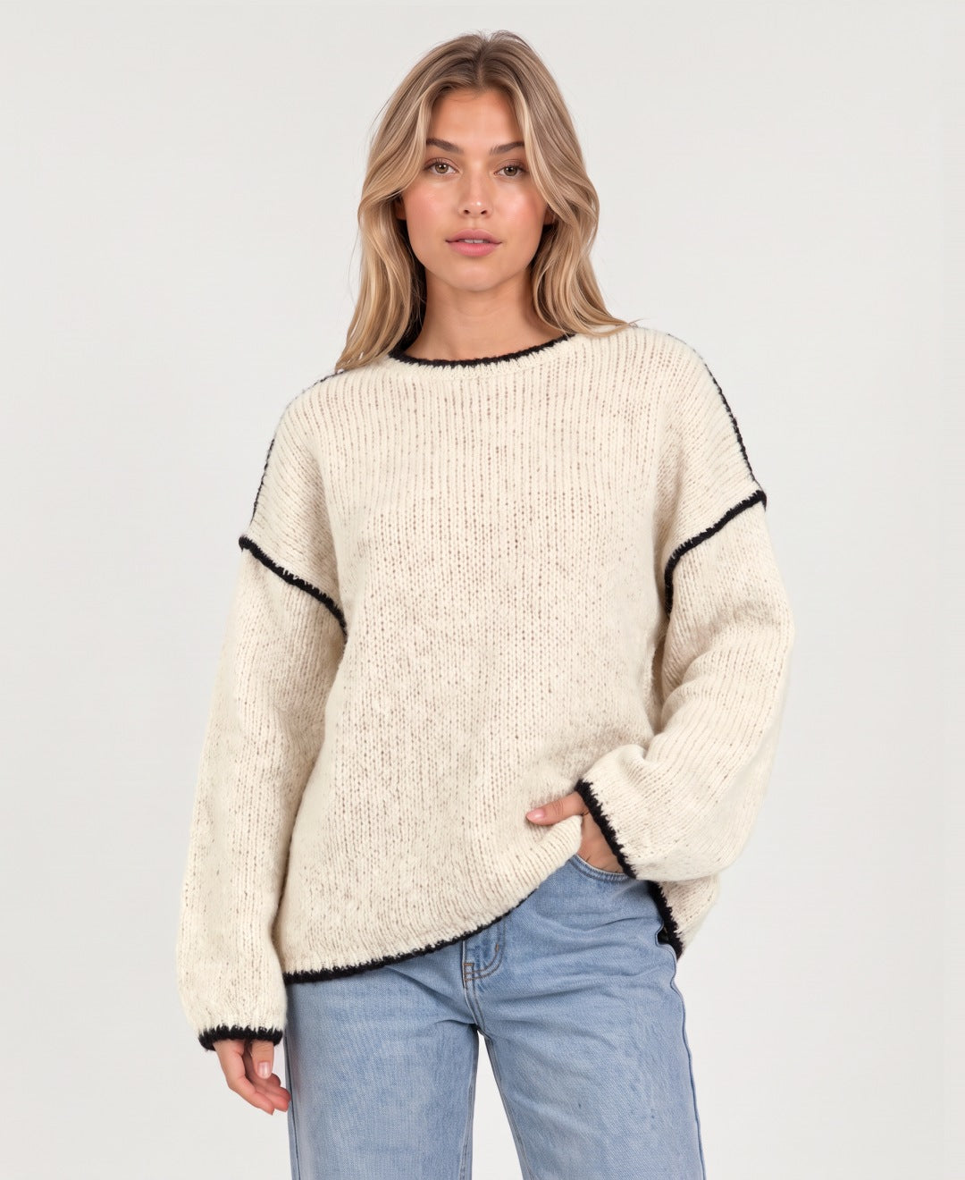 Women's oversized crew neck knit jumper with contrast edging in cream, front view