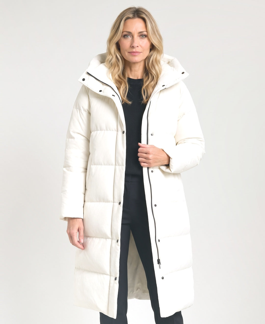 Long Hooded Puffer Coat Horizontal Quilting Stand Collar cream front view