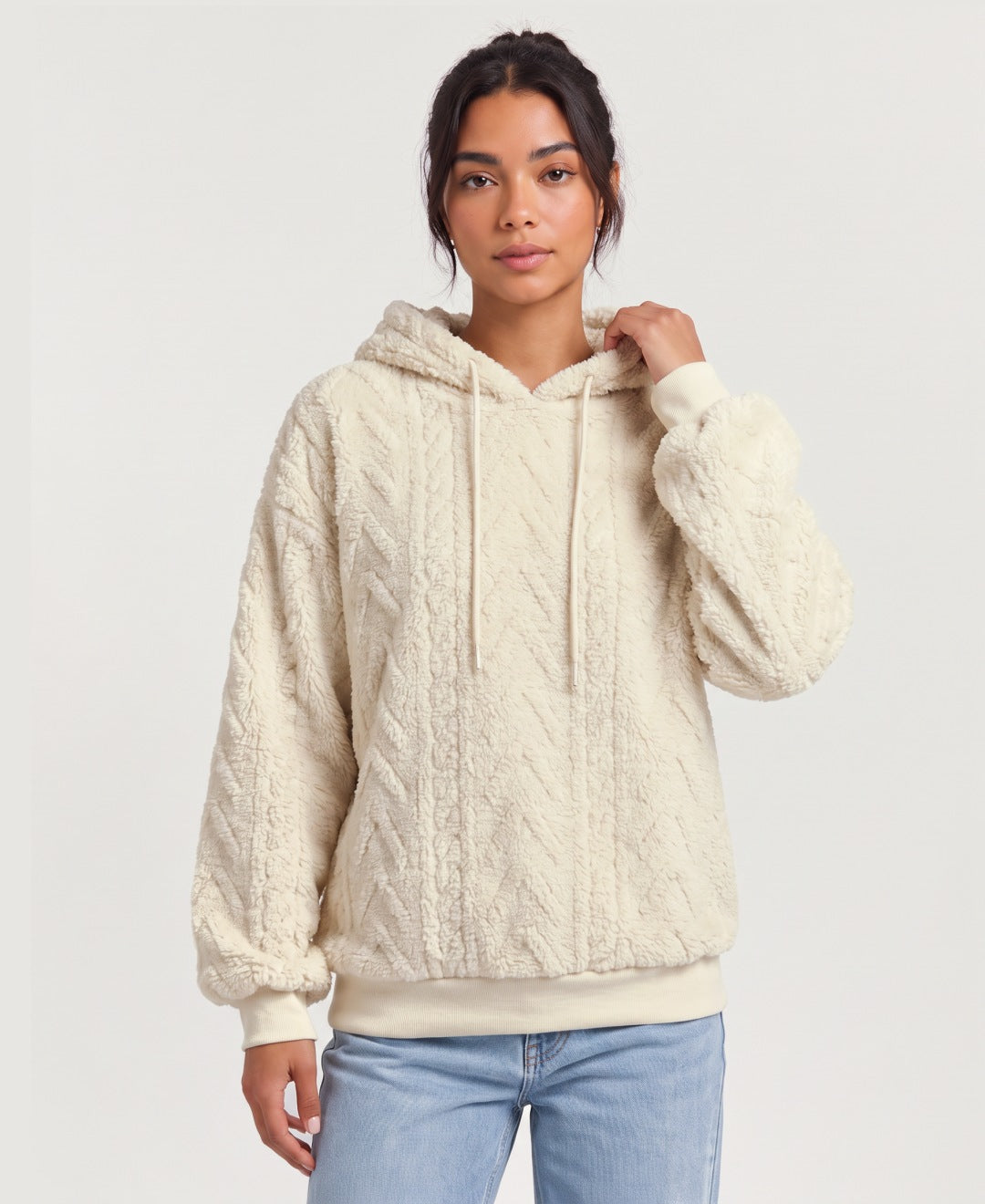 Women's teddy fleece cable pattern hoodie in cream, front view