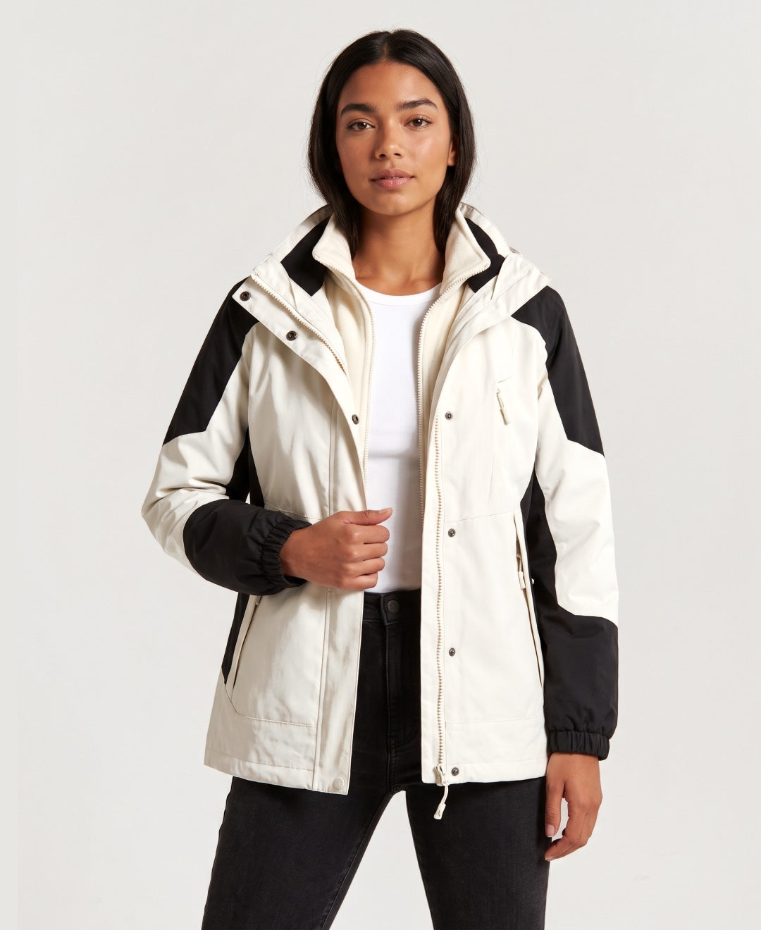 Women's 3-in-1 hooded outdoor jacket with fleece liner in cream, front view