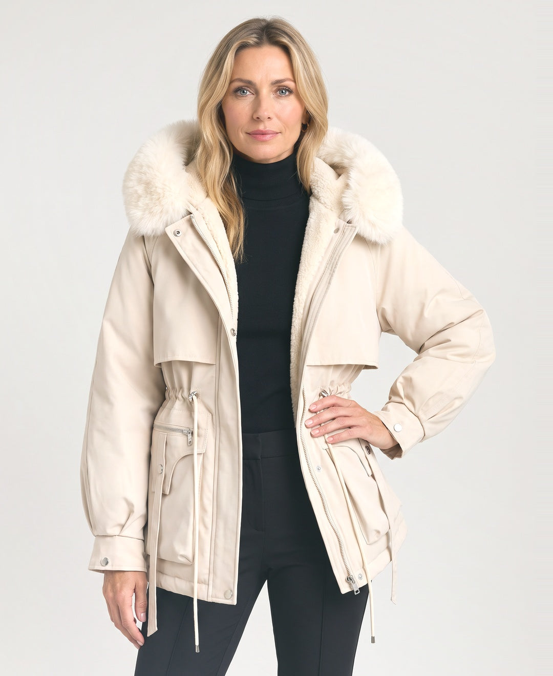 Short Hooded Parka Faux Fur Trim Drawstring Waist cream front view