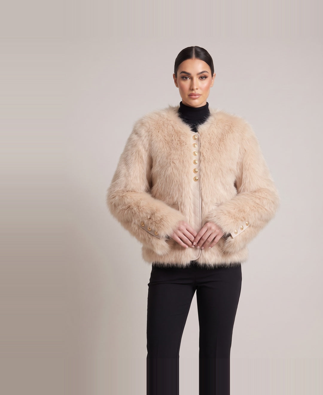 Women's cropped faux fur jacket in cream, front view